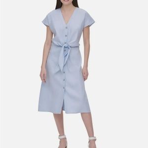 Calvin Klein Light Blue Button-Front Tie-Waist Midi Dress